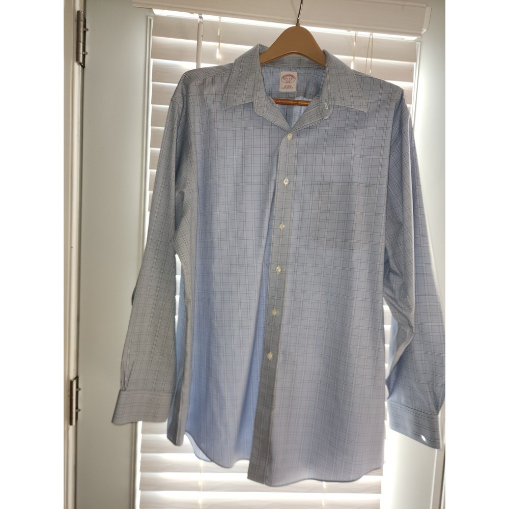 Brooks Brothers 346 Dress Shirt Men's 17.5 34/35 Blue Plaid Non-Iron All Cotton